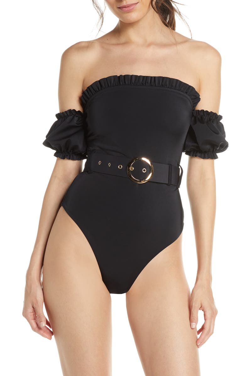 Something Navy One-Piece Off the Shoulder Swimsuit, Main, color,