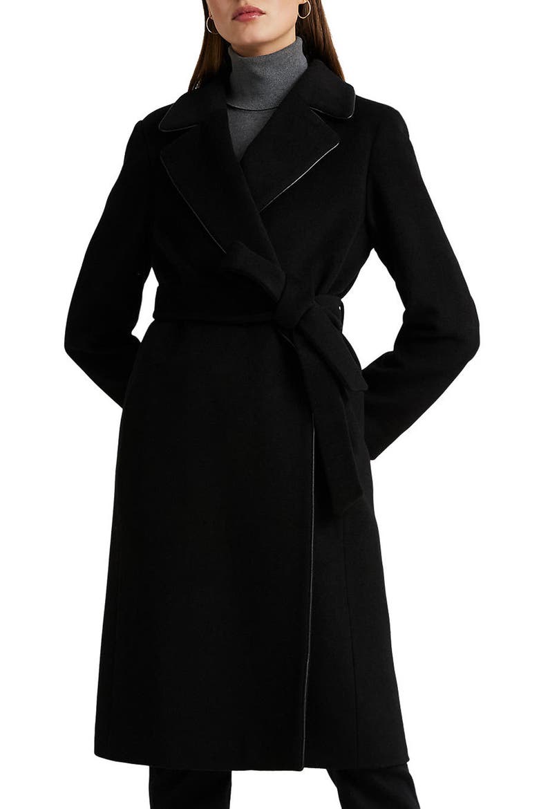 Wool Blend Coat with Faux Leather Piping, Main, color, BLACK
