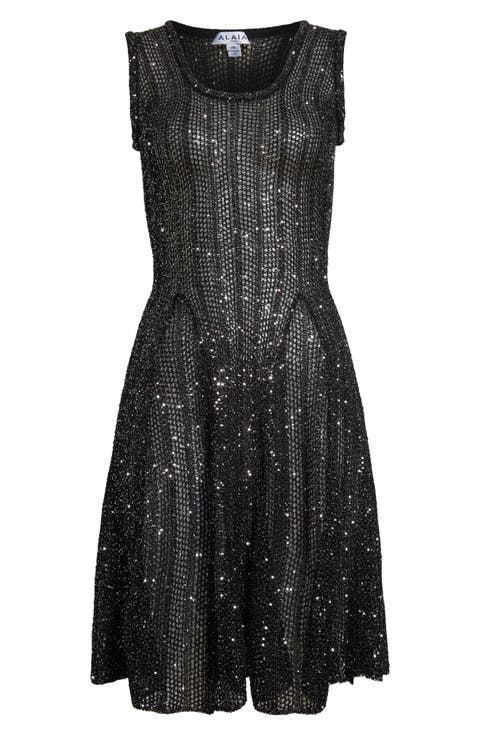 Sequin Open Stitch Sleeveless Skater Dress
