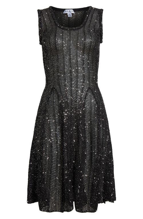Alaïa Sequin Open Stitch Sleeveless Skater Dress In Noir/argent