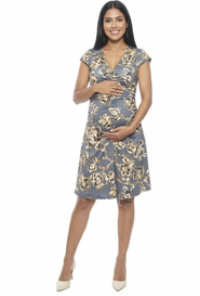24seven Comfort Apparel Maternity Floral V-Neck Cap Sleeve Ruched Front Knee Length Dress