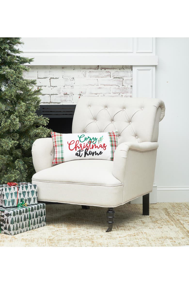 Plaid Typographical Decorative Throw Pillows, Alternate, color, White