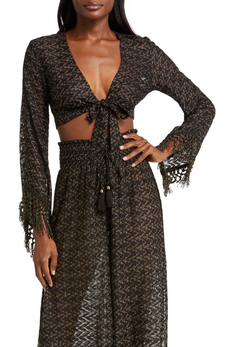 Ramy Brook Elvira Lace Metallic Cover-Up Top, Main, color, Black Zigzag