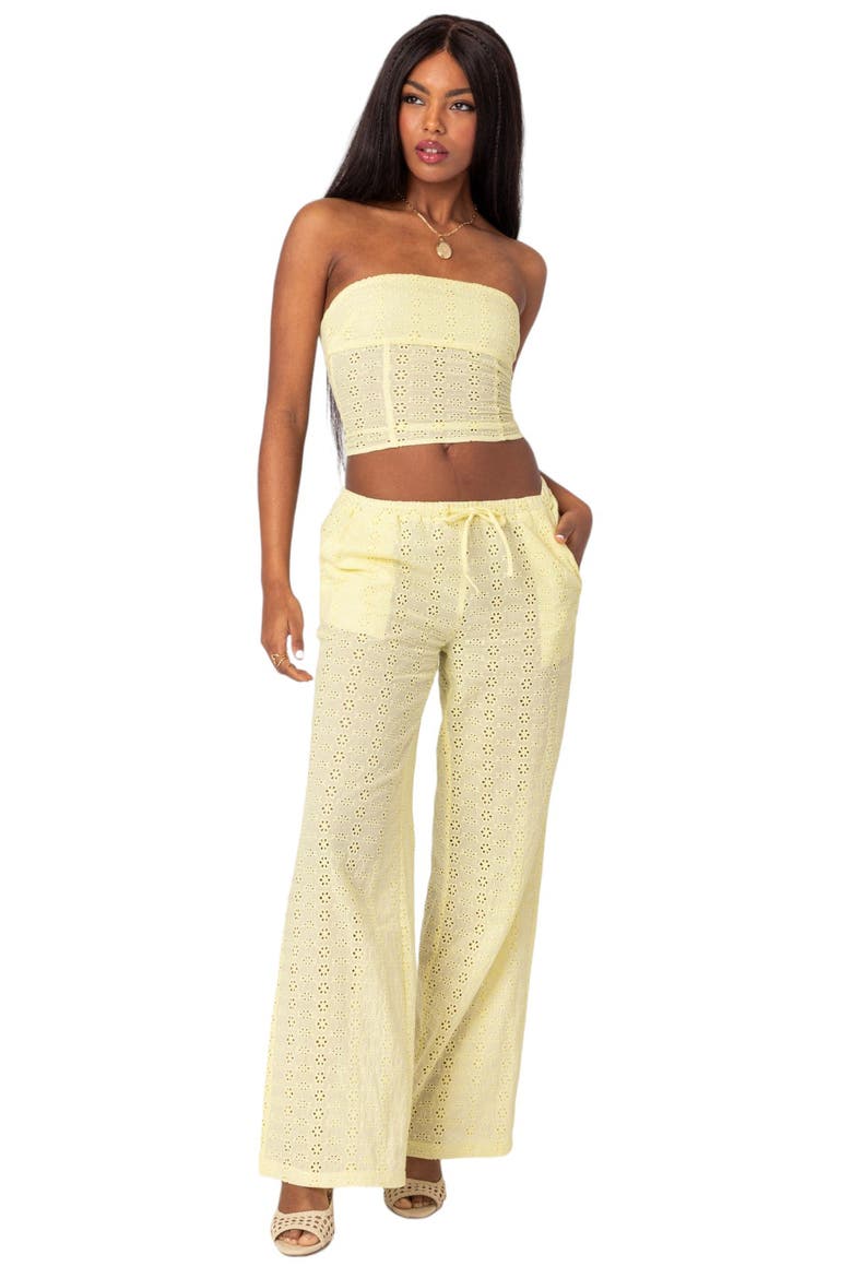 Lemon Eyelet Lace-Up Corset Crop Tube Top, Alternate, color, YELLOW