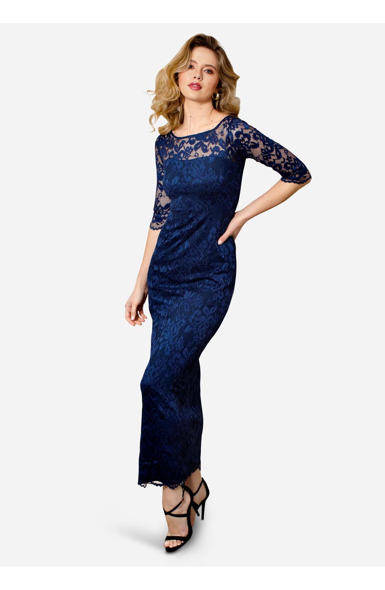 Alie Street London Lila 3/4 Sleeve Lace Maxi Gown, Main, color, Navy