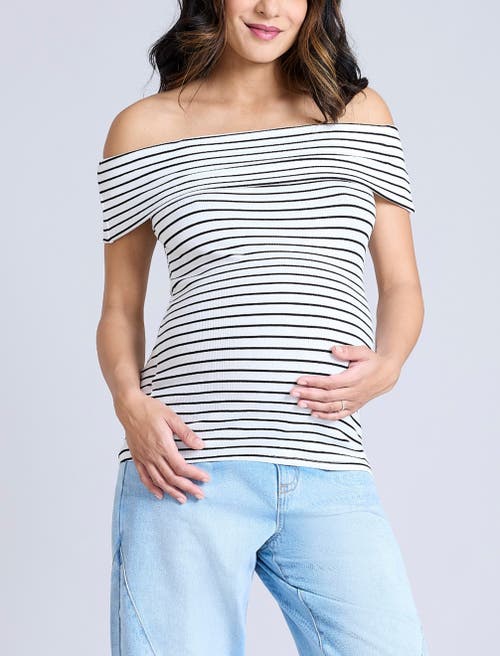 Motherhood Maternity Rib Knit Short Sleeve Off The Shoulder Top In White & Black Stripe