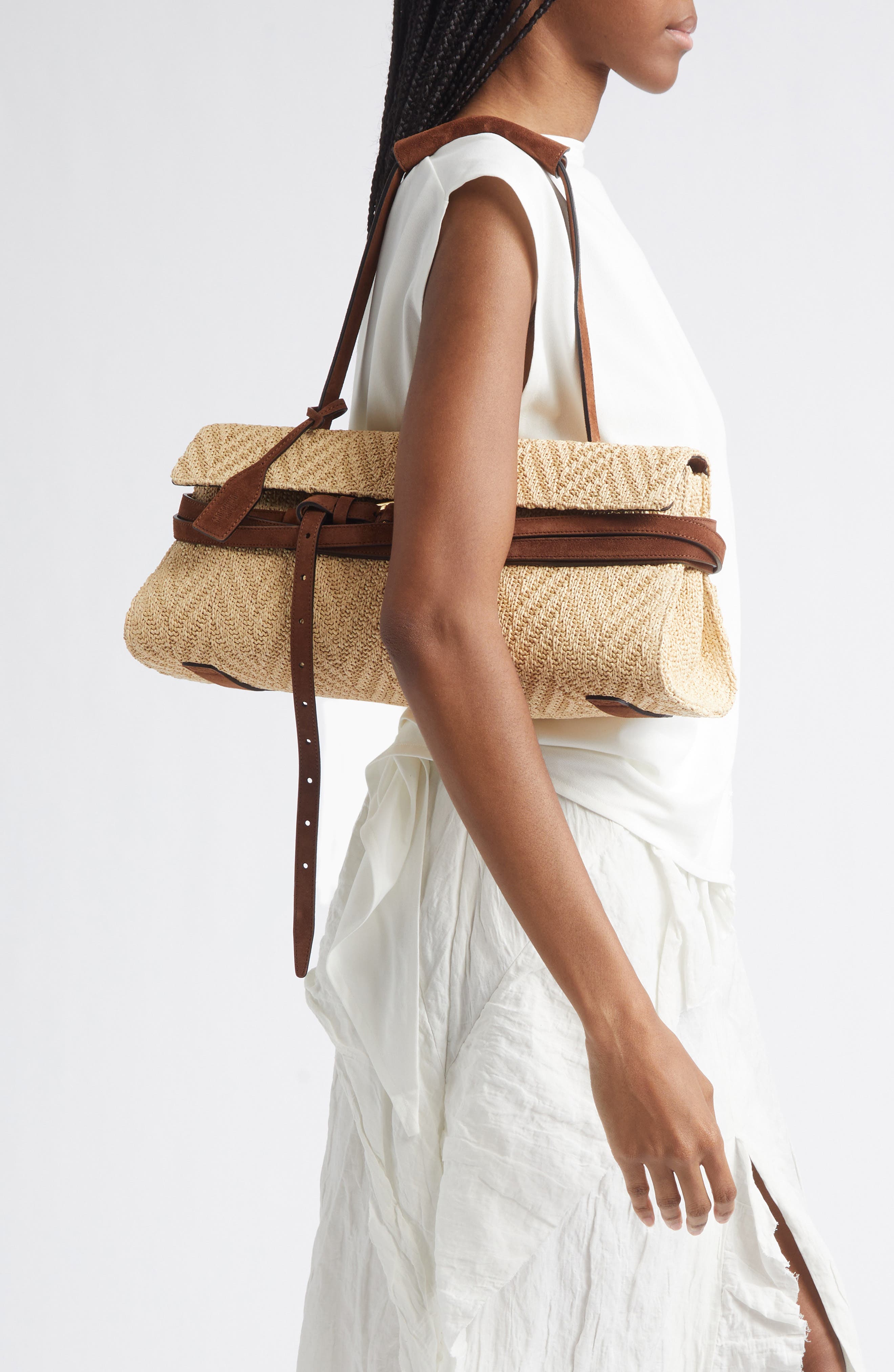 Moschino Tie Me East/West Shoulder Bag, Alternate, color, 10A Natural/ Coffee