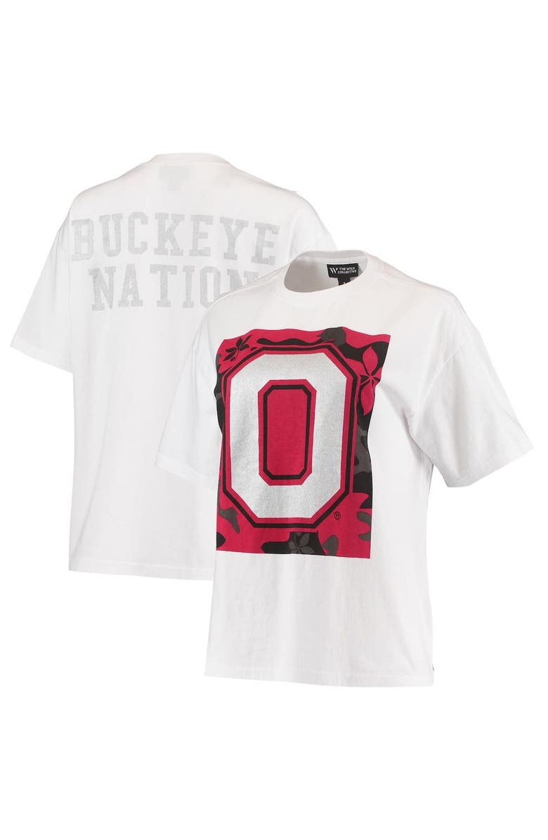 THE WILD COLLECTIVE Women's The Wild Collective White Ohio State Buckeyes Camo Boxy Graphic T-Shirt, Main, color, White