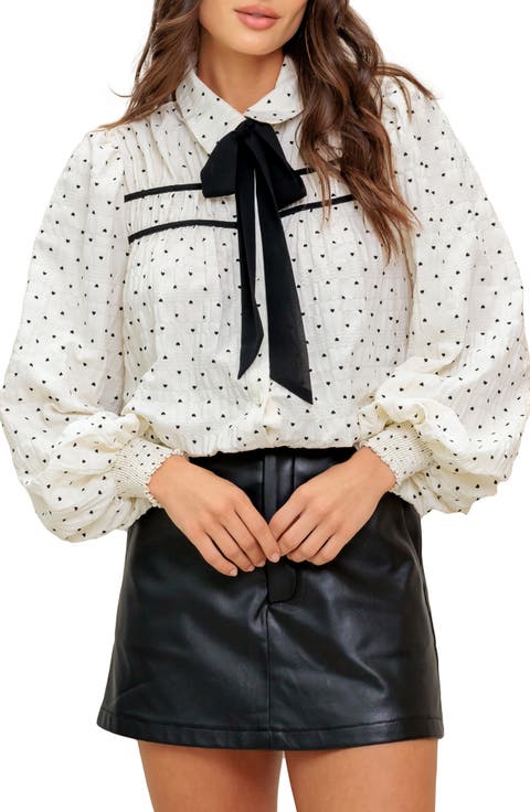 Heart Print Tie Neck Long Sleeve Button-Up Shirt