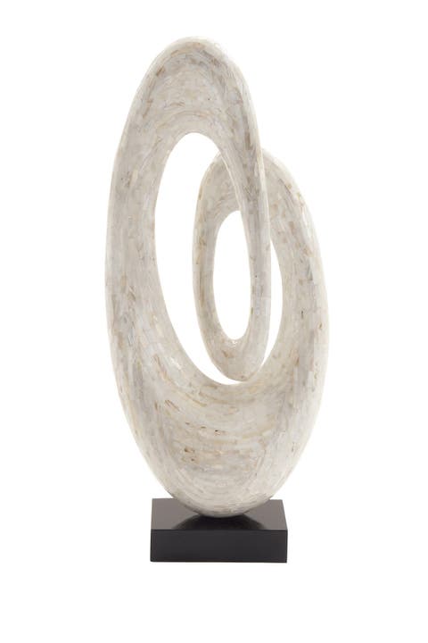 White Mother of Pearl Swirl Abstract Sculpture with Black Base