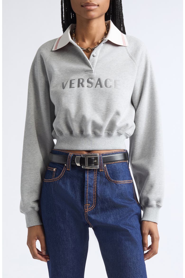 Embroidered Logo Greca Collar Cotton Fleece Crop Polo Sweatshirt, Main, color, GREY MELANGE WHITE