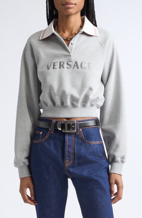 Embroidered Logo Greca Collar Cotton Fleece Crop Polo Sweatshirt