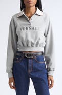 Versace Embroidered Logo Greca Collar Cotton Fleece Crop Polo Sweatshirt