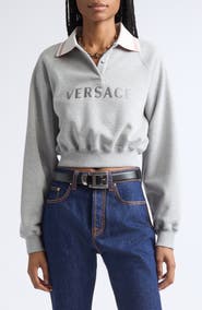 Versace Embroidered Logo Greca Collar Cotton Fleece Crop Polo Sweatshirt