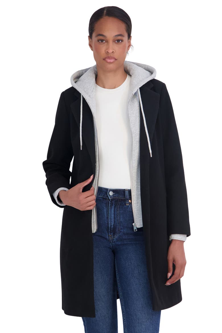 Faux Wool Single Breasted Coat with Hooded Bib, Alternate, color, BLACK