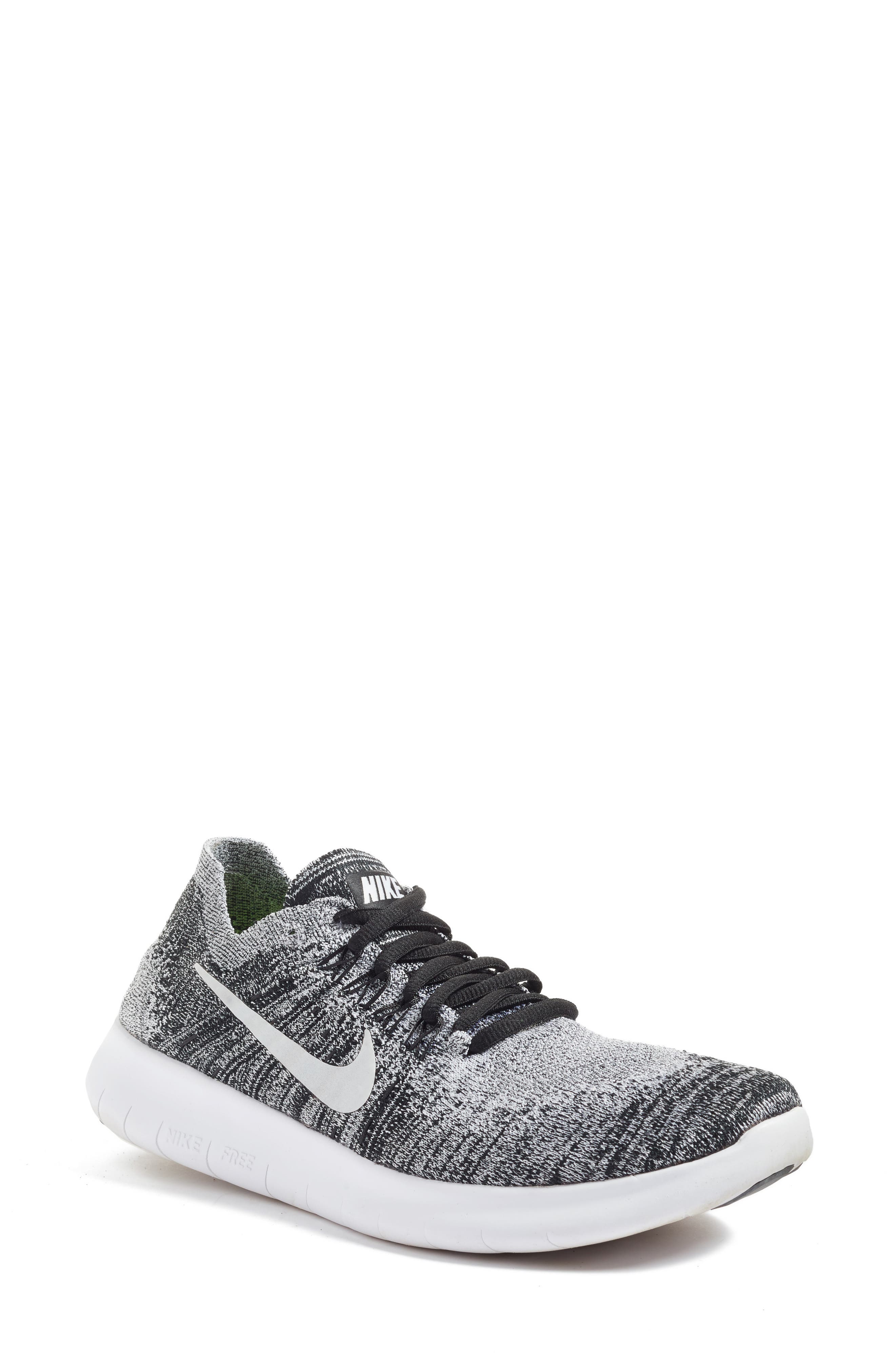 Free Run Flyknit 2 Running Shoe, Main, color, BLACK/ WHITE/ VOLT