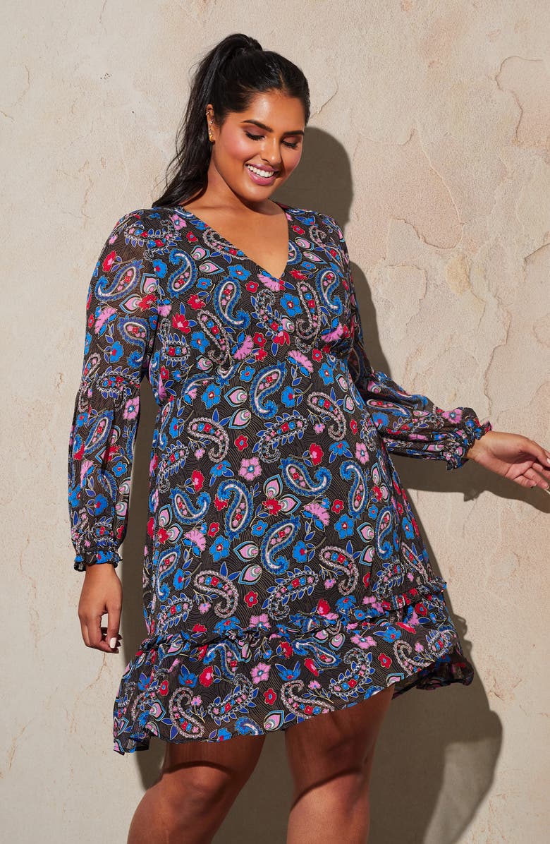 Estelle Cannes Paisley Print Long Sleeve Chiffon A-Line Dress, Alternate, color, 