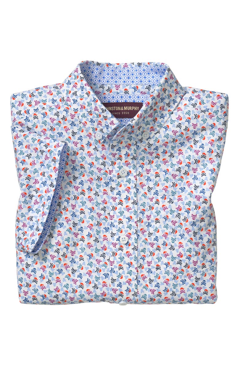 Johnston & Murphy Kids' Skull Print Short Sleeve Button-Down Shirt, Alternate, color, 