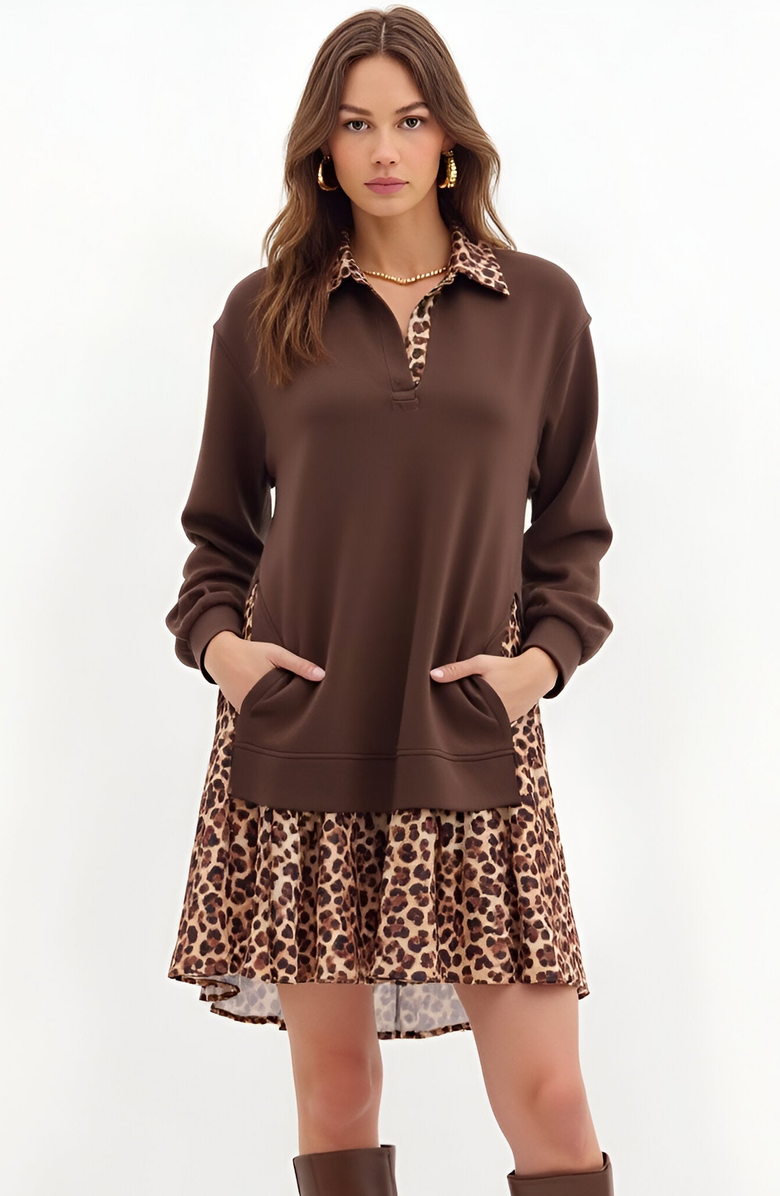 Modenaire Layered Mini Dress with Leopard Print Skirt and Contrast Collar, Main, color, 