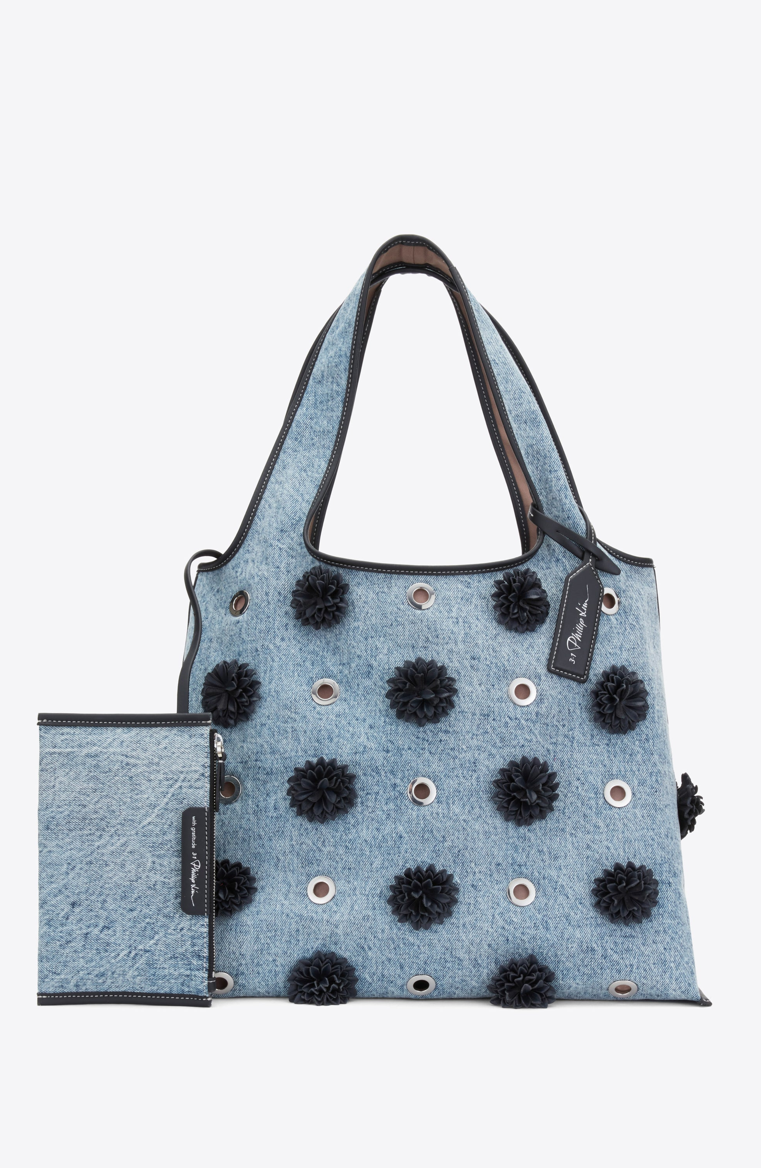 3.1 Phillip Lim Denim Market Tote with Leather Flowers, Alternate, color, Washed Indigo