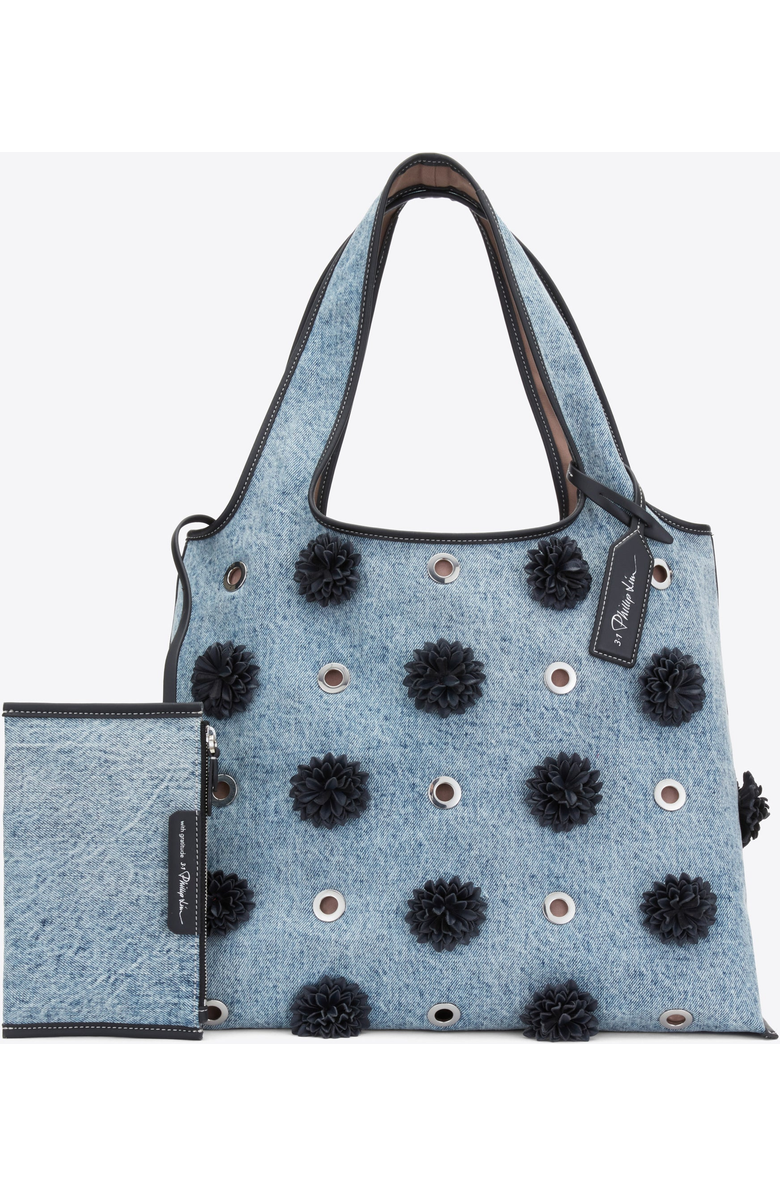 3.1 Phillip Lim Denim Market Tote with Leather Flowers, Alternate, color, Washed Indigo