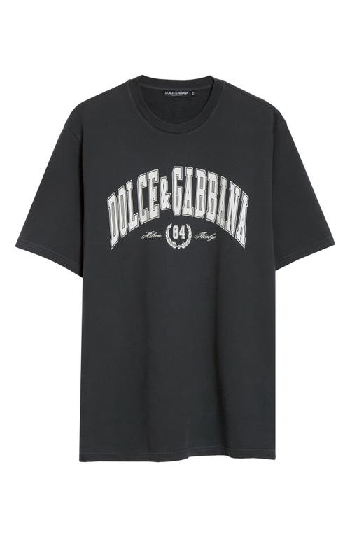 Dolce & Gabbana Men Dark Grey Crewneck T-shirt With Logo Lettering Print On The Front In Cotton Man In Gray