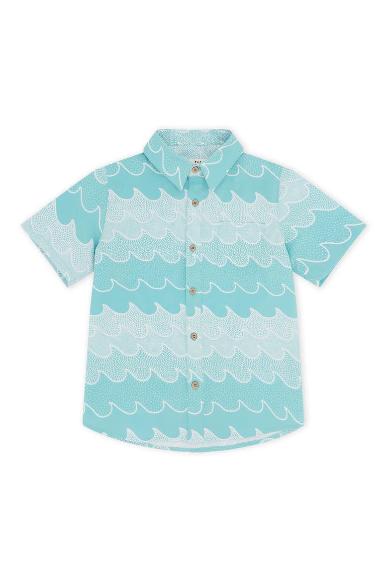 Kids' Wave Print Short Sleeve Button-Up Shirt, Main, color, SEA JET