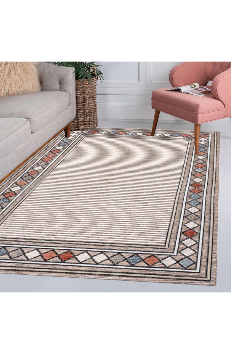 JONATHAN Y Sebastian High-Low Modern Diamond Border Indoor/Outdoor Area Rug, Alternate, color, Brown/Ivory