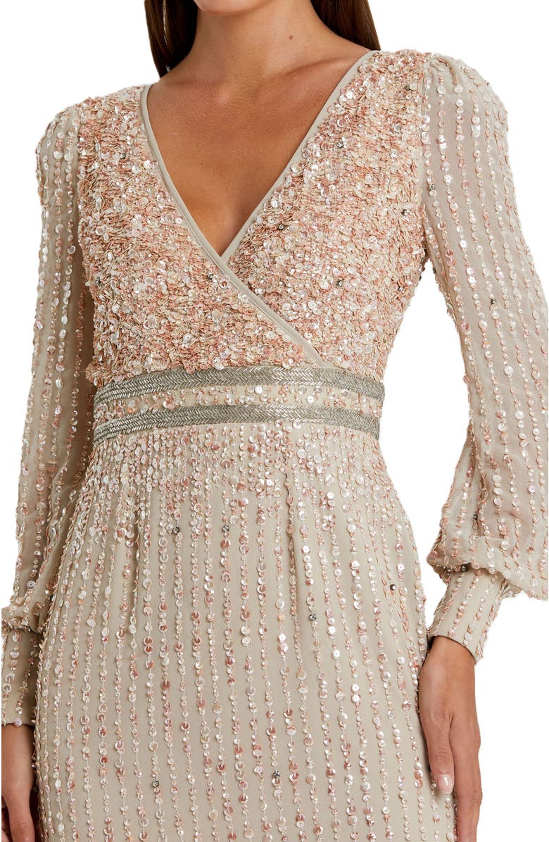Mac Duggal V-Neck Sequined Overlay Gown with Long Bishop Sleeves and Embellished Waist, Alternate, color, Nude