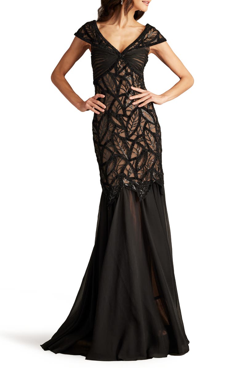 Tadashi Shoji Sequin Leaf Detail Trumpet Gown, Alternate, color,