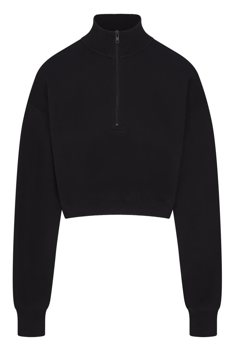 Half Zip Crop Cotton Fleece Blend Sweatshirt, Alternate, color, ONYX