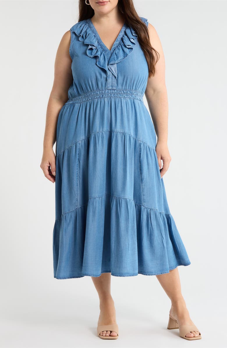 Caslon<sup>®</sup> Ruffle Neck Sleeveless Chambray Midi Dress, Main, color, Medium Wash