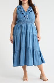 Caslon® Ruffle Neck Sleeveless Chambray Midi Dress