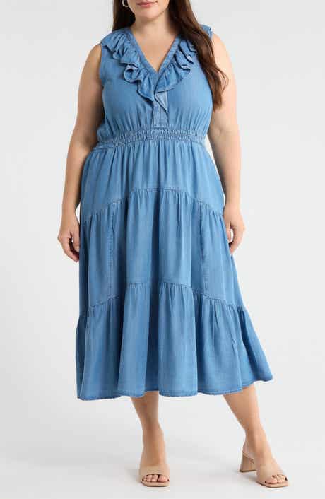 Ruffle Neck Sleeveless Chambray Midi Dress