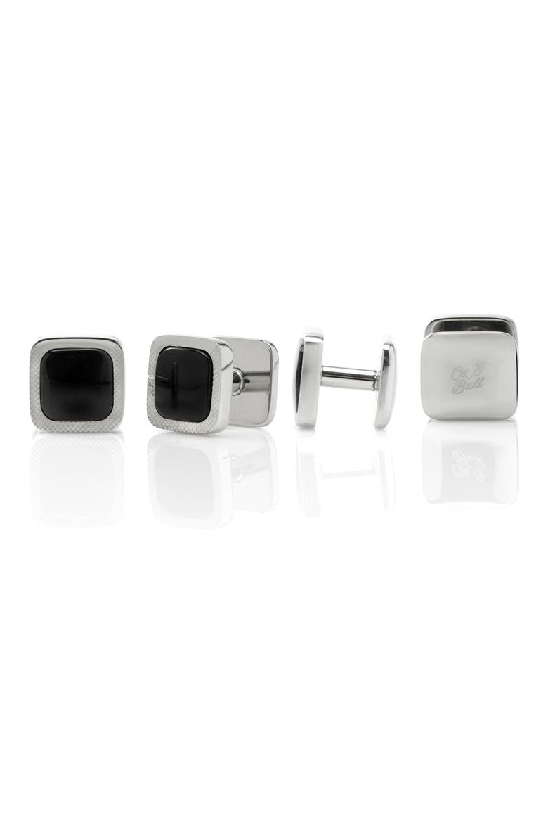 Set of 4 Onyx Cushion Stainless Steel Studs, Main, color, BLACK