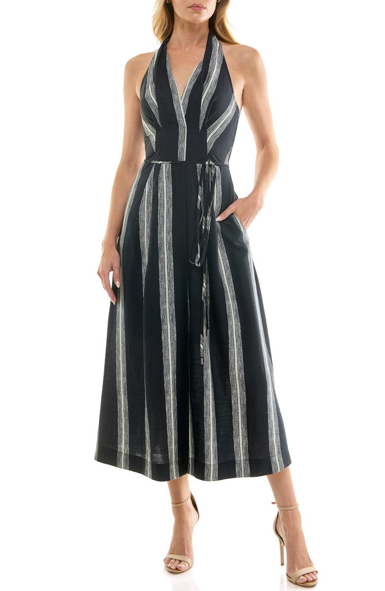 Socialite Stripe Halter Midi Dress, Main, color, Black/ Ivory