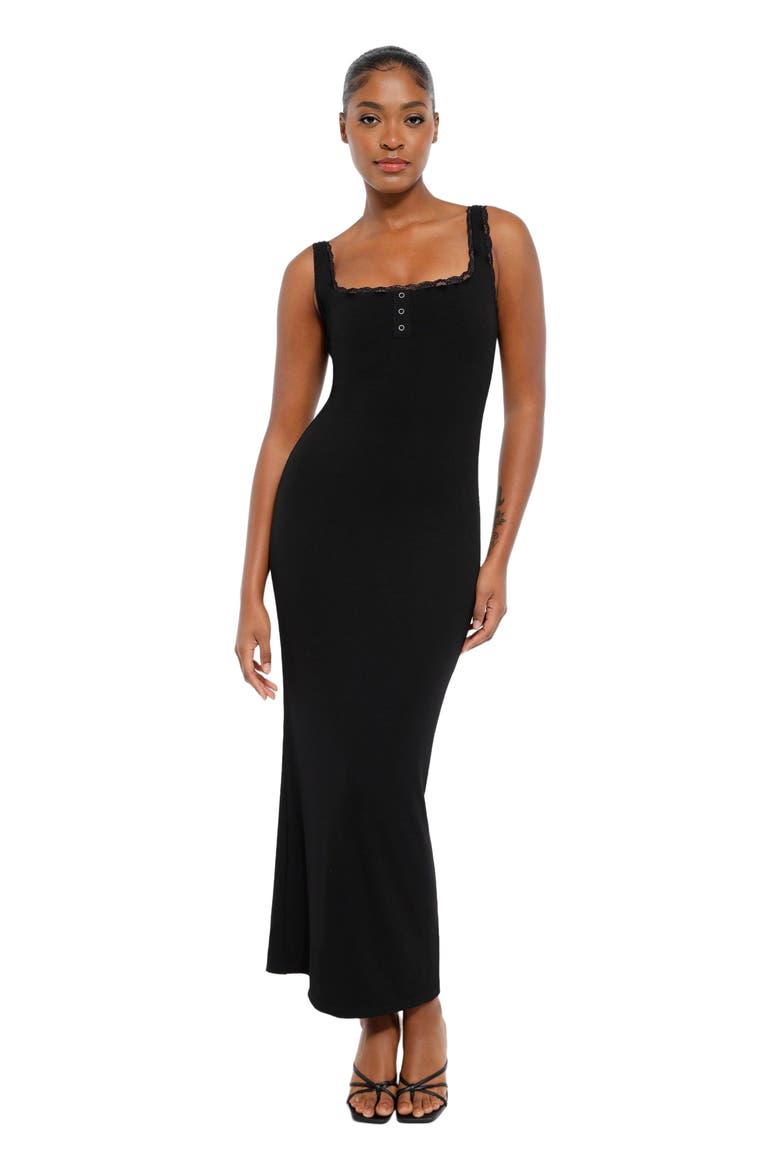 Shapewear Modal Slimming Lace Trim Henley Tank Maxi Spring Resort Dress, Main, color, Midnight Black