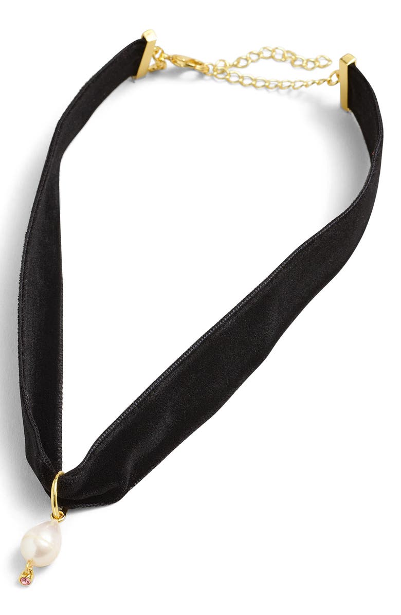Madewell Party Freshwater Pearl Velvet Choker, Main, color, Black Coal