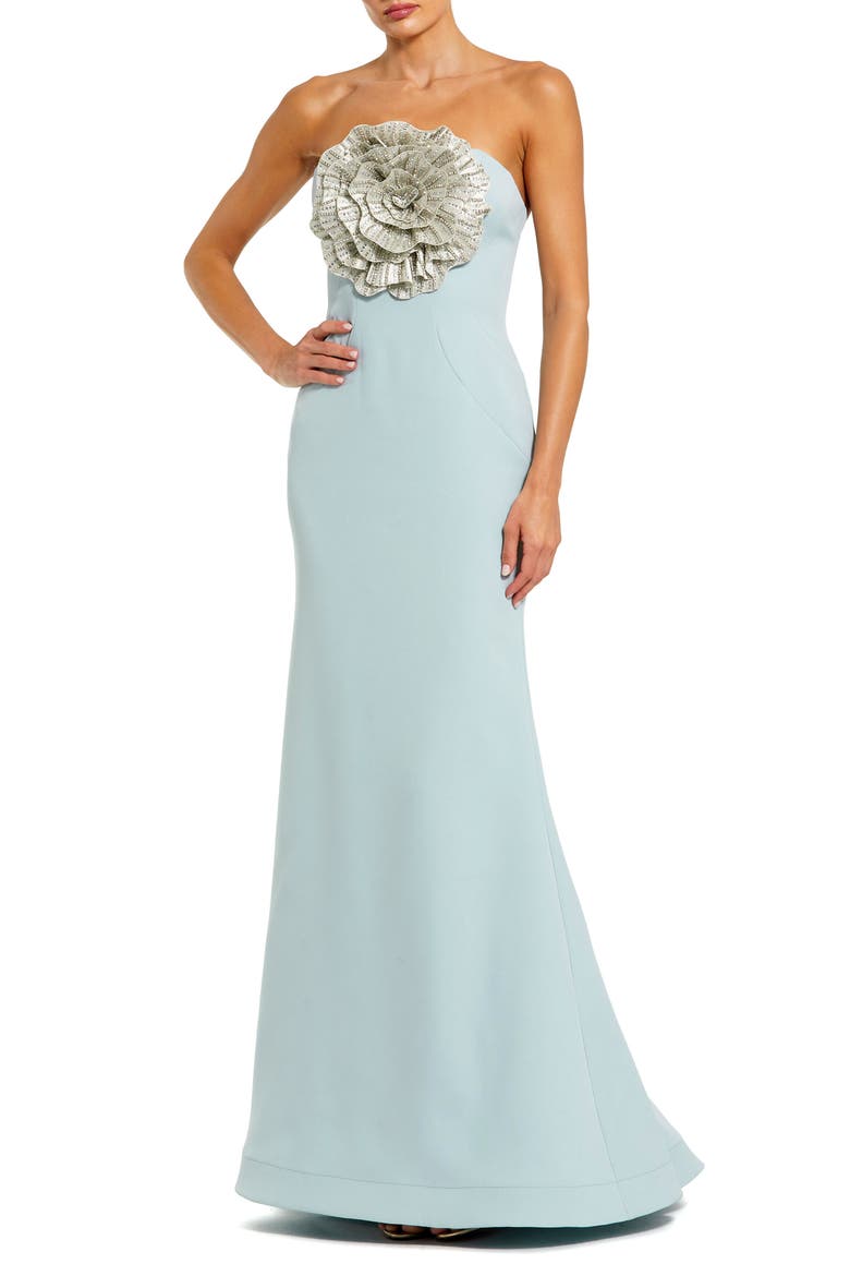 Strapless 3D Rhinestone Flower Detail Crepe Gown, Main, color, Powder Blue