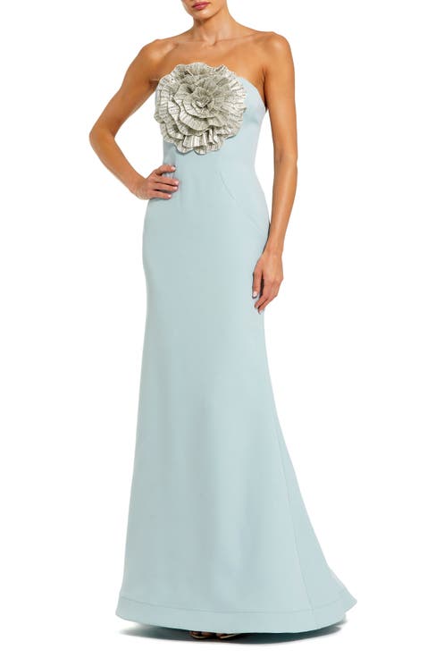 Strapless 3D Rhinestone Flower Detail Crepe Gown