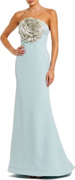Mac Duggal Strapless 3D Rhinestone Flower Detail Crepe Gown