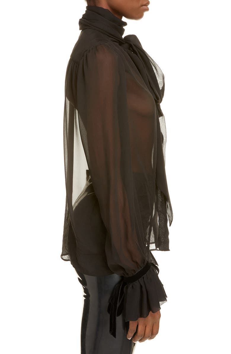Saint Laurent Tie Neck Flare Cuff Sheer Silk Blouse, Alternate, color, 