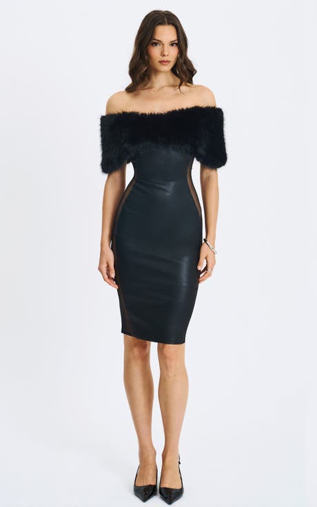 Bellis Faux Fur Trim Mesh Panel Off-Shoulder Midi Dress