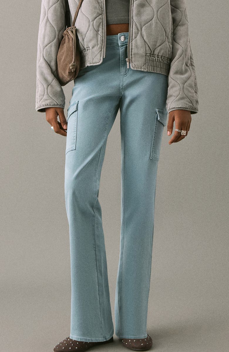 MANGO TEEN Stud Flare Leg Cargo Jeans, Main, color, Blue