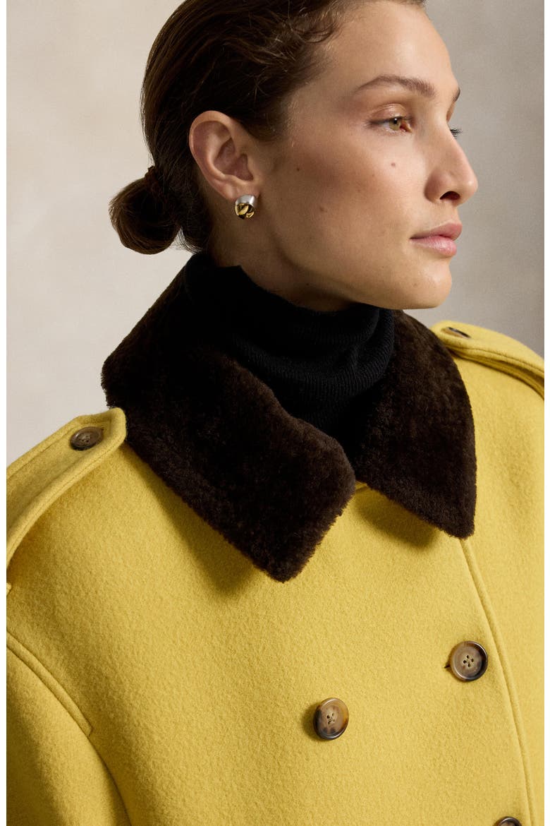 Double Breasted Coat with Genuine Shearling Collar, Alternate, color, YELLOW