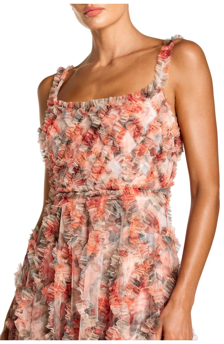 Mac Duggal Floral Mesh Sleeveless Micro Ruffle A Line Gown, Alternate, color, Cream Multi