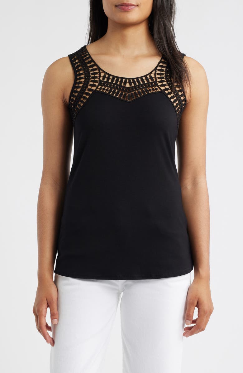 Loveappella Guipure Lace Accent Scoop Neck Tank, Main, color, Black
