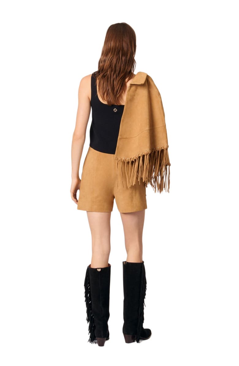 maje Fringed leather shorts, Alternate, color, 