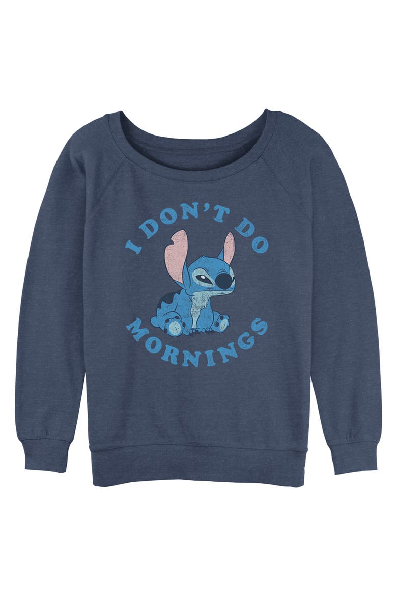 Junior's Lilo & Stitch I Don't Do Mornings Light Blue  Sweatshirt, Main, color, Blue Heather