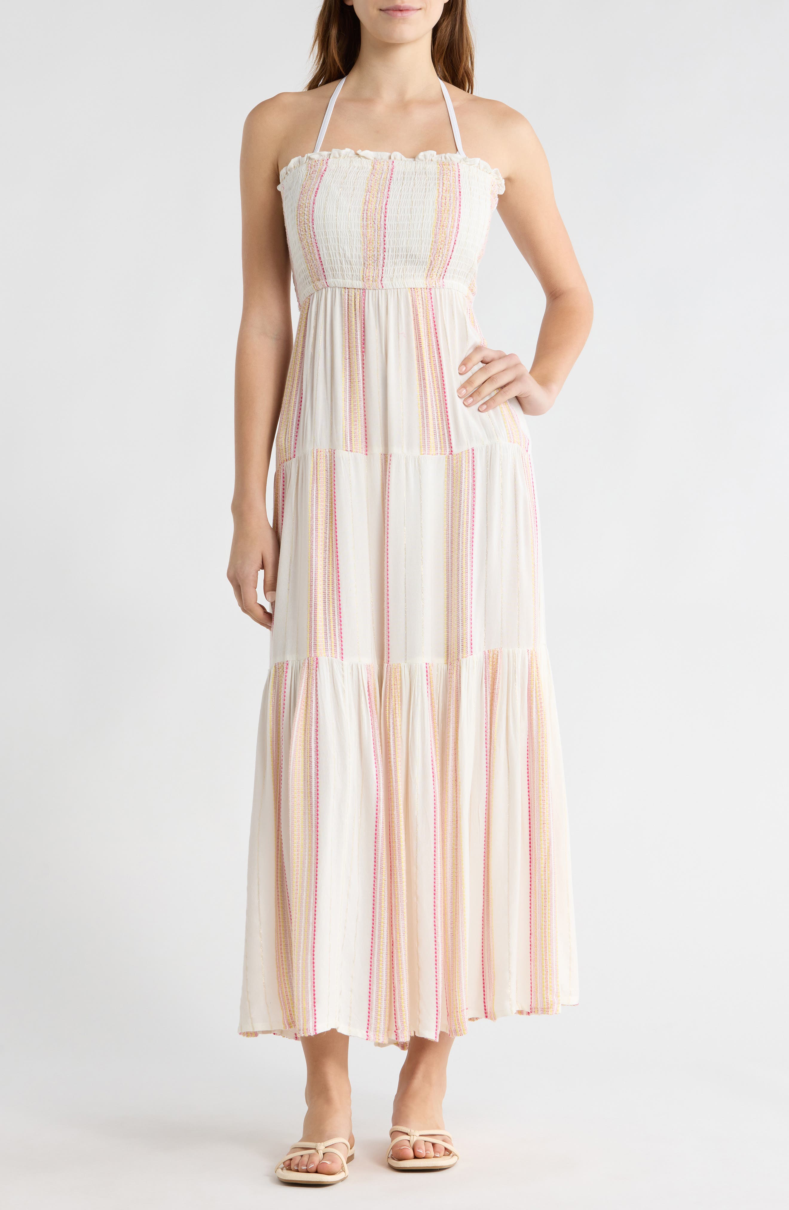 Elan Embroidered Stripe Strapless Tiered Dress